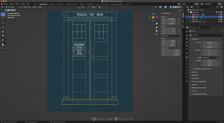 Ecran de Blender, avec plein de menus et d'options sur la droite. Dans la zone principale, le schéma précédent du TARDIS