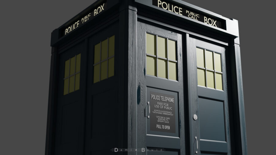 Zoom sur le TARDIS, dont certaines planches donnent l'illusion d'avoir du bois peint en bleu