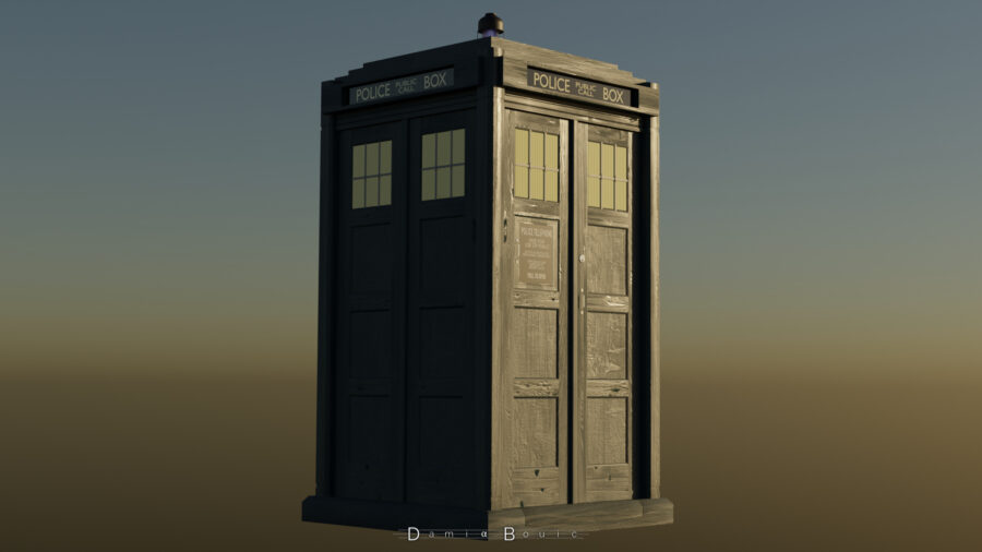 Le TARDIS dans une ambiance de coucher de Soleil, la lumière met en valeur les nœuds et le fil du bois