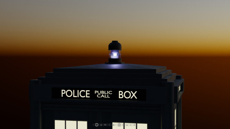 Zoom sur la lampe située au sommet du TARDIS, qui dispense une lueur bleutée au travers d'un bulbe en verre arrondi pourvu d'un léger gonflement sur son pourtour central.