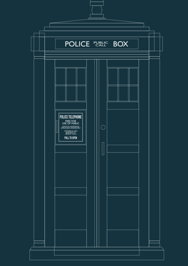 Schéma du TARDIS, qui présente la forme d'une cabine téléphonique, mais ancienne, et britannique, servant aux appels pour la police. Sur le front on peut lire "Police Box, Public Call" avec Public Call placé entre Police et Box. Sur la porte de gauche, sous la petite fenêtre, il est inscrit : Police Telephone, free for use of public. Advice & Assistance available immediately. Officers and cars respond to urgent calls. Pull to Open.
Le design général est assez rudimentaire, très rectangulaire, aucune courbe, sauf pour la lampe située au sommet de la petite toiture de l'ensemble